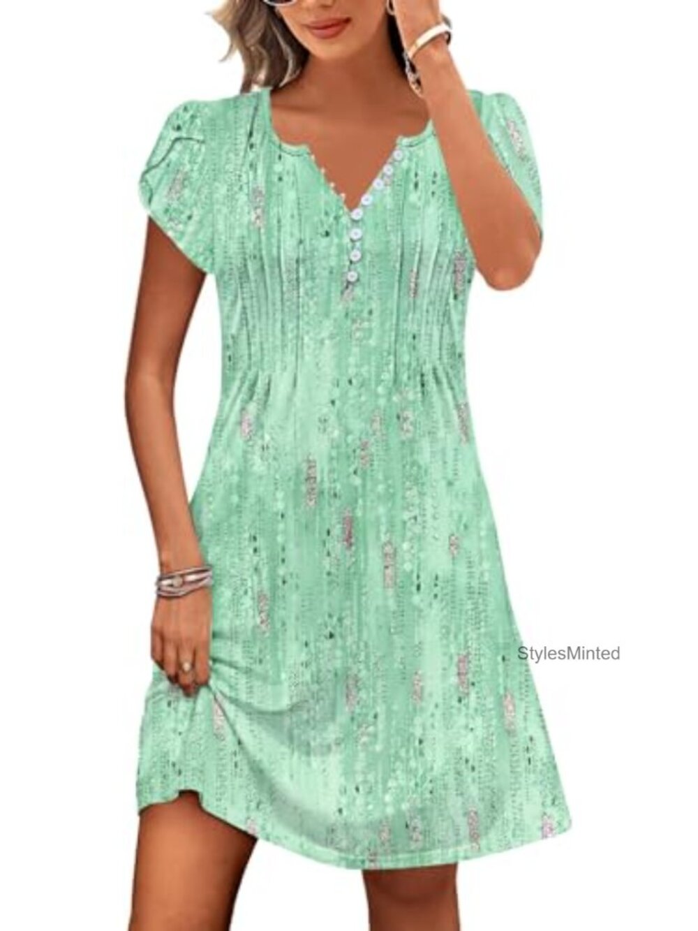 Womens Casual Summer Dress V-Neck A-Line Floral Boho Short Sleeve with Pockets